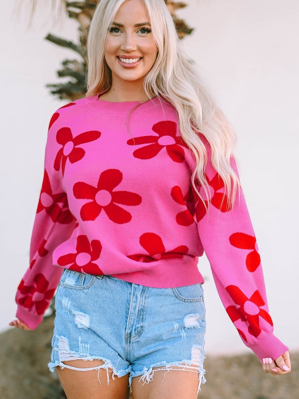 Big Floral Pattern Ribbed Trim Rose Sweater