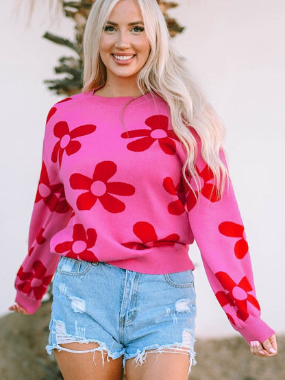 Big Floral Pattern Ribbed Trim Rose Sweater