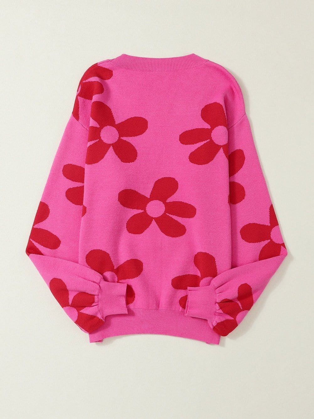 Big Floral Pattern Ribbed Trim Rose Sweater