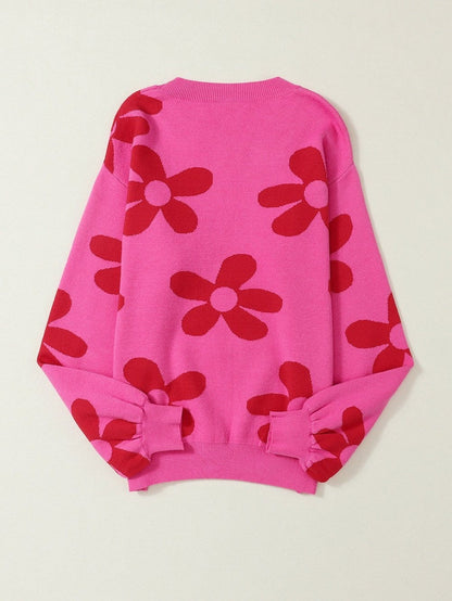 Big Floral Pattern Ribbed Trim Rose Sweater