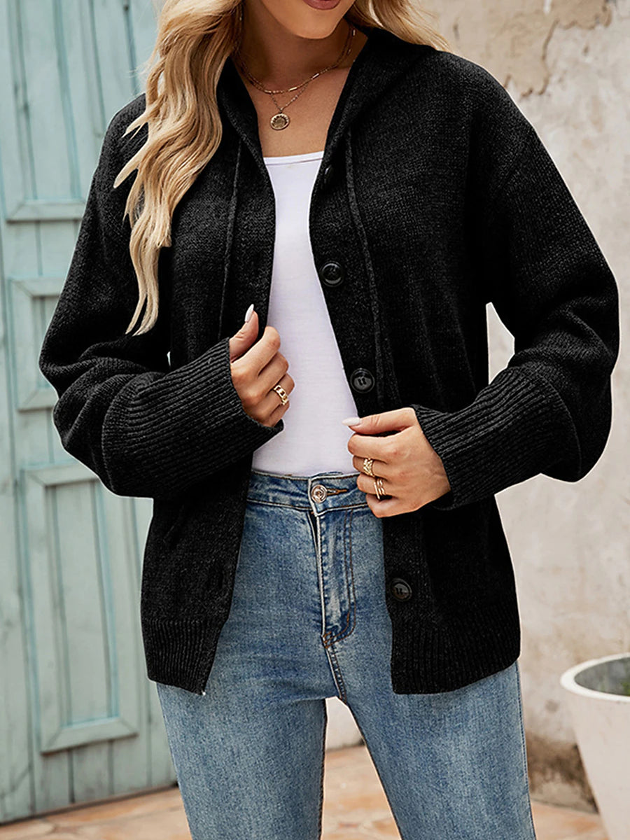 Women's Cardigan Sweater Hooded Ribbed Knit Alpaca Wool Button Fall Winter Regular Outdoor Daily Going out Stylish Casual Soft Long Sleeve Solid Color Black White Gray S M L