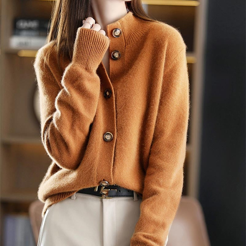 Women's Cardigan Sweater Stand Collar Knit Acrylic Button Knitted Fall Winter Outdoor Home Daily Stylish Basic Casual Long Sleeve Pure Color Camel Brown Beige One-Size S M