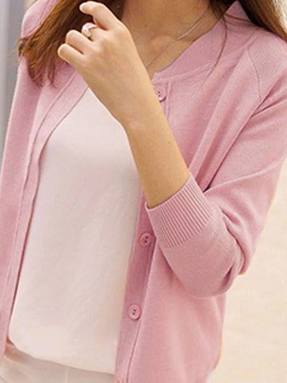 Women's Cardigan Sweater Crew Neck Ribbed Knit Acrylic Button Fall Winter Short Daily Going out Weekend Stylish Casual Soft Long Sleeve Solid Color Black Yellow Pink S M L