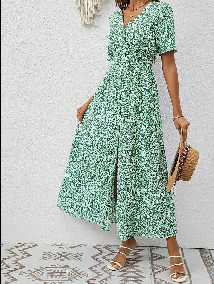 Women's Floral Maxi Dress Green Chiffon A Line Dress Tiered V Neck Hawaiian BeachVacation Short Sleeve Button Summer