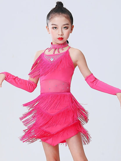 Latin Dance Dress Tassel Side Draping Ruching Girls' Performance Training Sleeveless Polyester - LuckyFash™