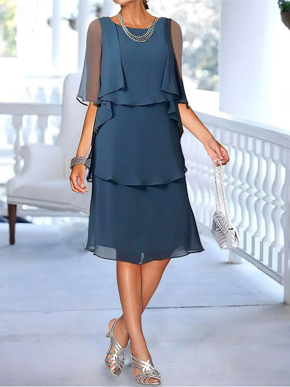 Women's Party Dress Ruffle Layered Crew Neck Half Sleeve Midi Dress Blue Summer Spring