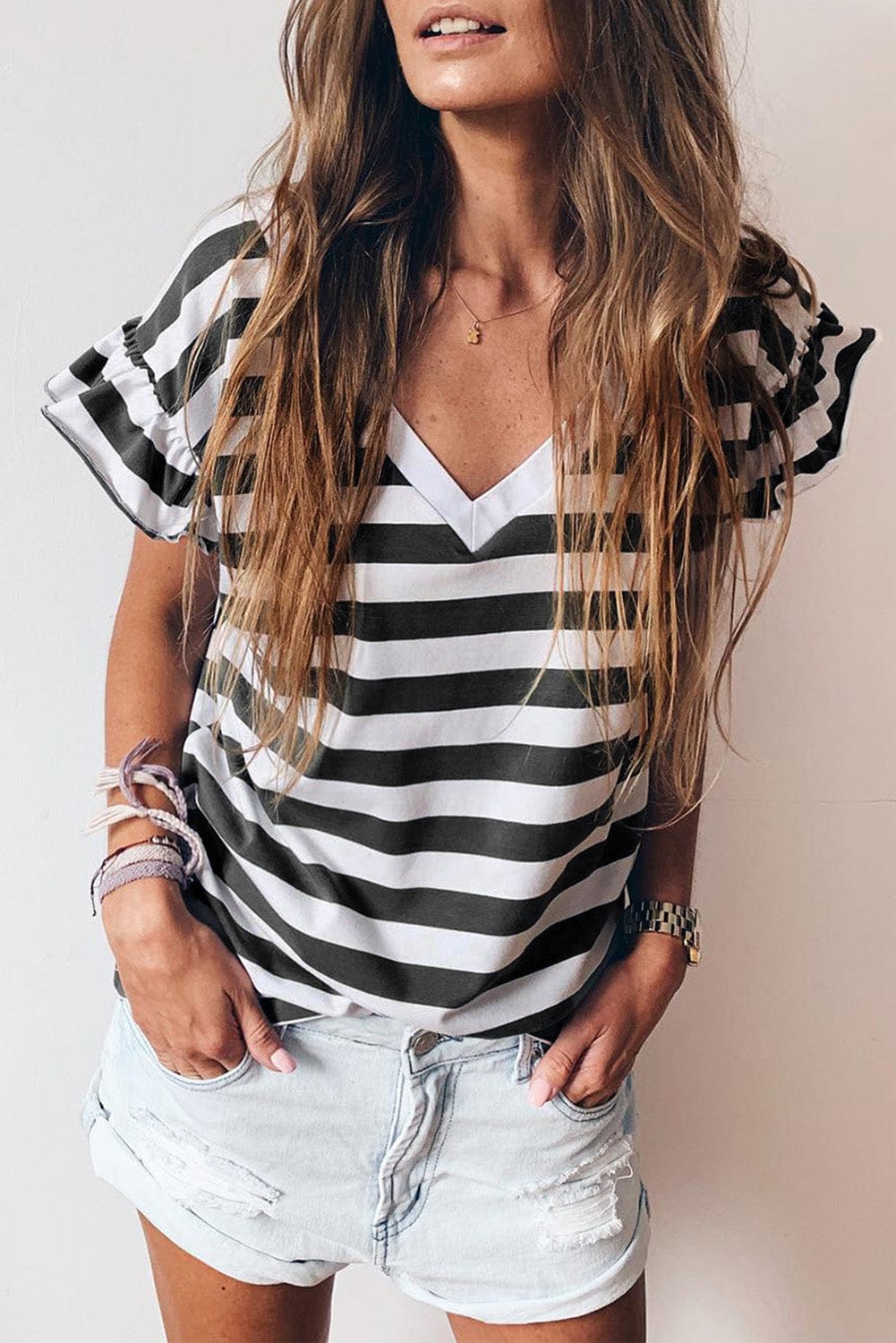 Black and White Striped V Neck Ruffle Sleeve Tee