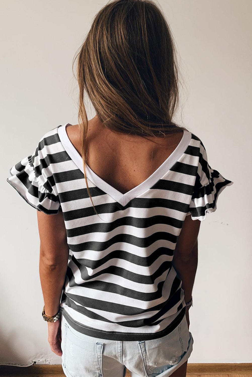 Black and White Striped V Neck Ruffle Sleeve Tee