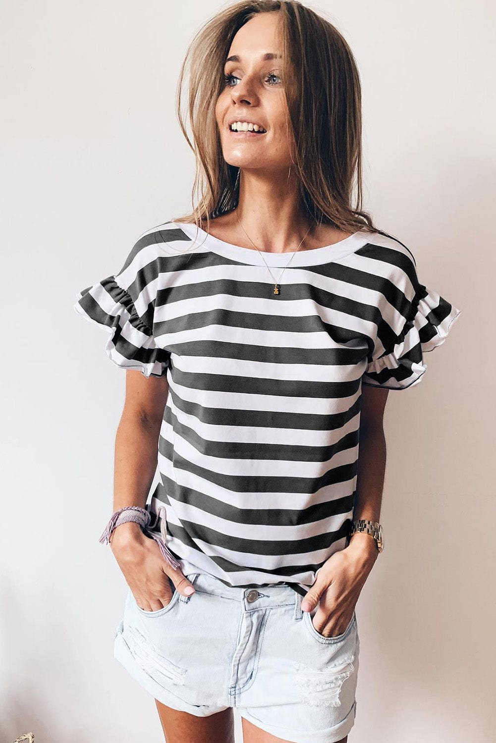 Black and White Striped V Neck Ruffle Sleeve Tee