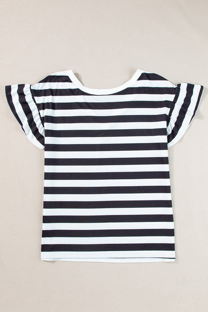 Black and White Striped V Neck Ruffle Sleeve Tee