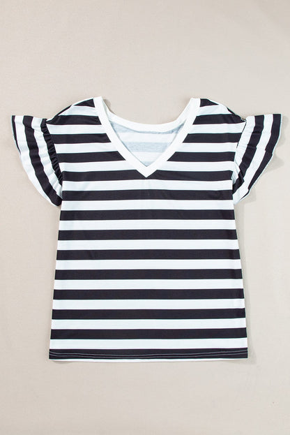 Black and White Striped V Neck Ruffle Sleeve Tee