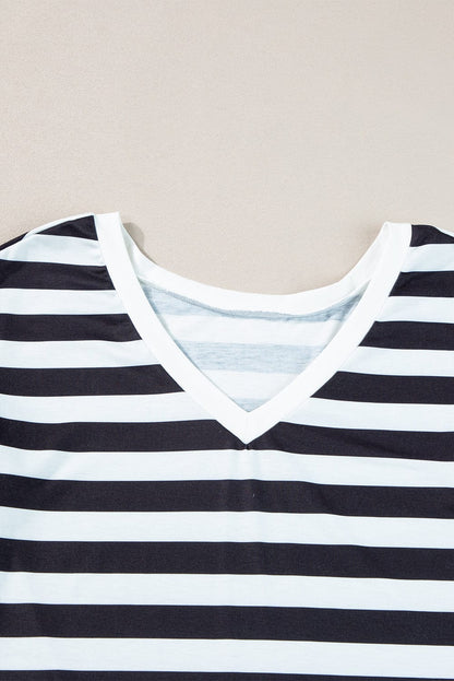 Black and White Striped V Neck Ruffle Sleeve Tee