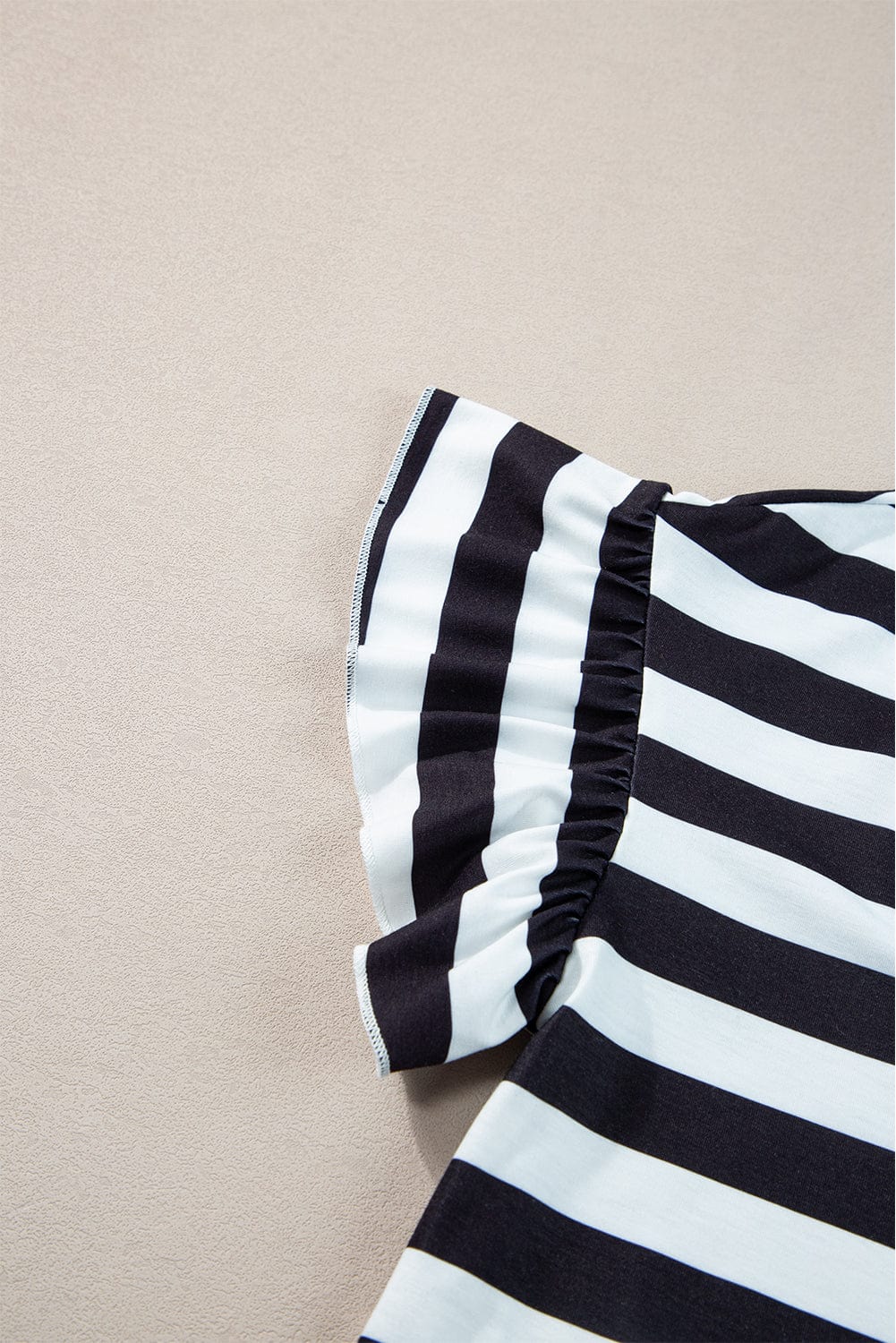 Black and White Striped V Neck Ruffle Sleeve Tee