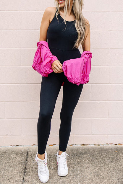 Black Backless High Waist Sports Jumpsuit with Side Pockets