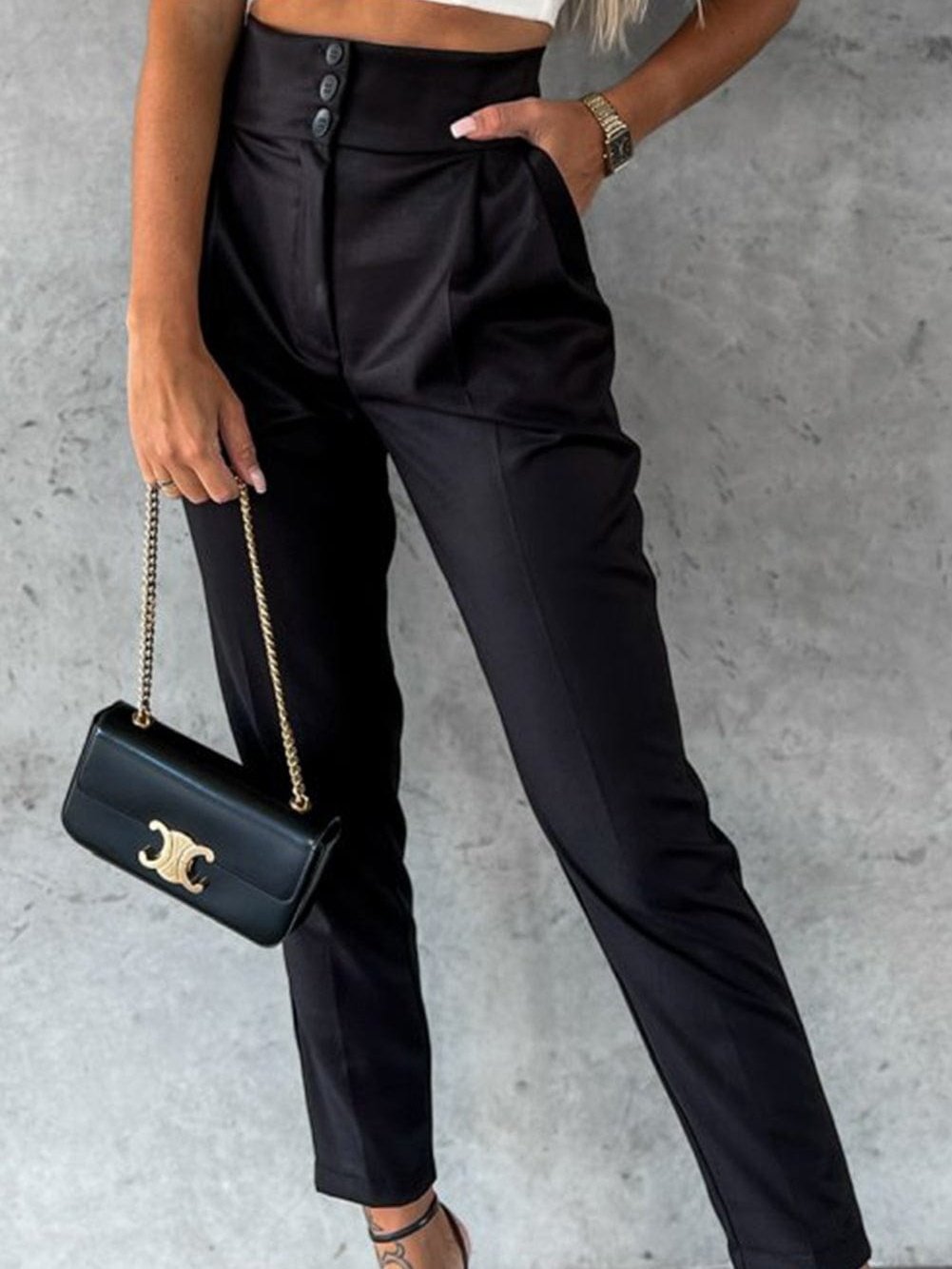 Black Button High Waist Tapered Pants