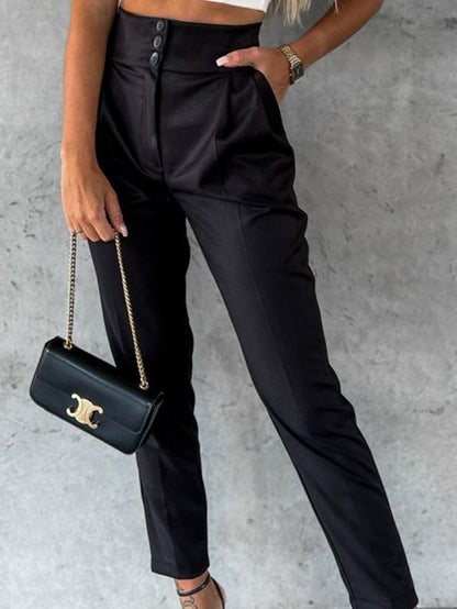 Black Button High Waist Tapered Pants