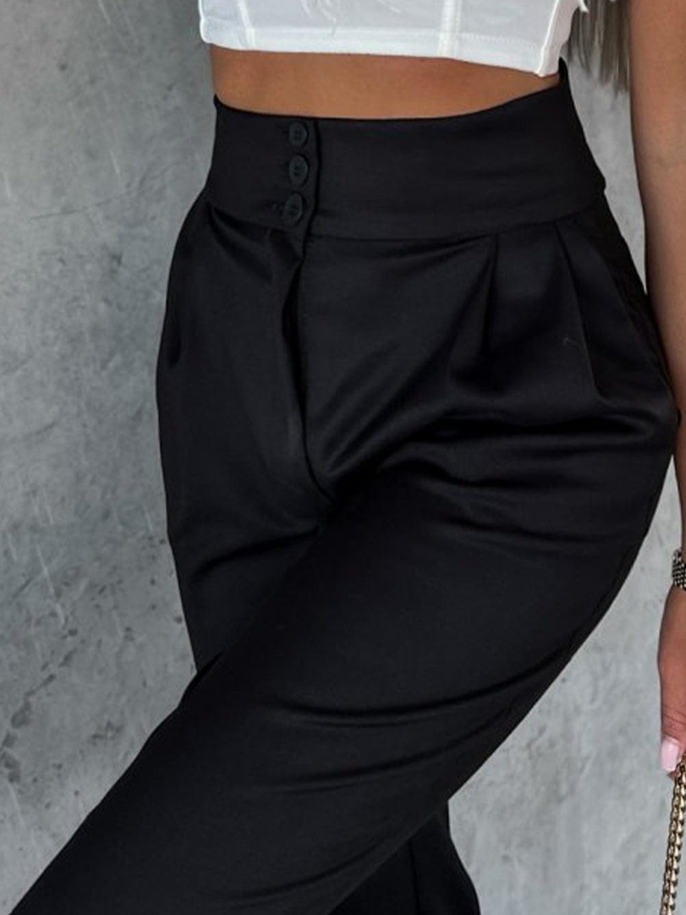 Black Button High Waist Tapered Pants