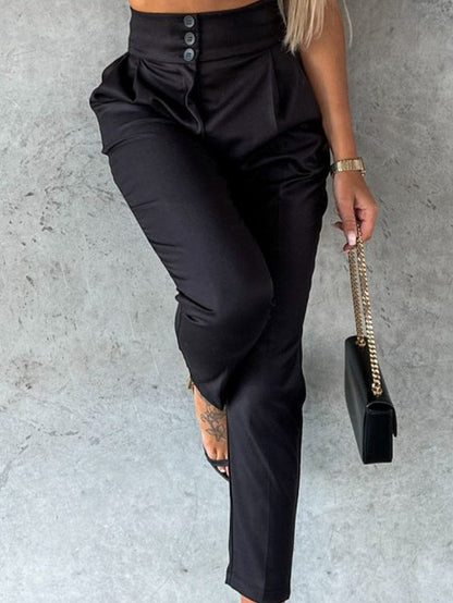 Black Button High Waist Tapered Pants
