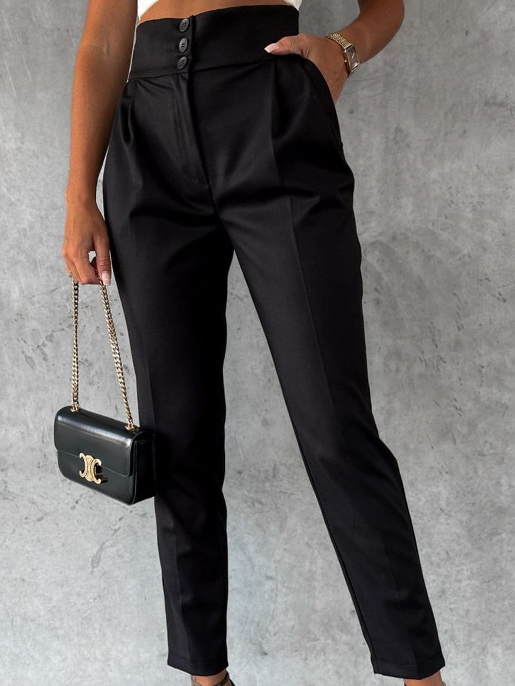 Black Button High Waist Tapered Pants