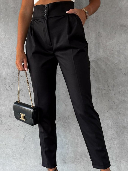 Black Button High Waist Tapered Pants