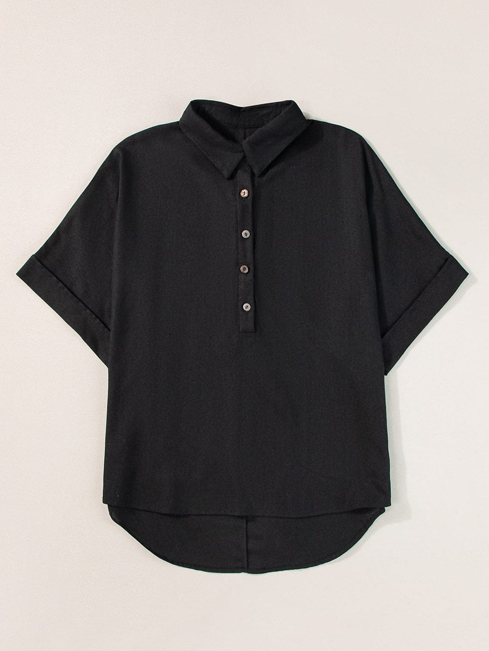 Black Button-Up Oversized Collared Top with Folded Short Sleeves
