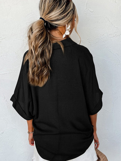 Black Button-Up Oversized Collared Top with Folded Short Sleeves