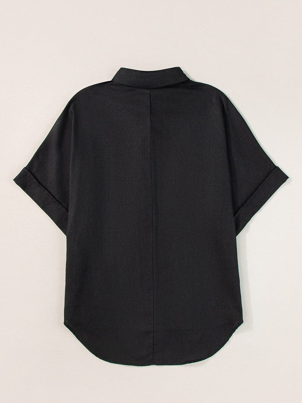 Black Button-Up Oversized Collared Top with Folded Short Sleeves