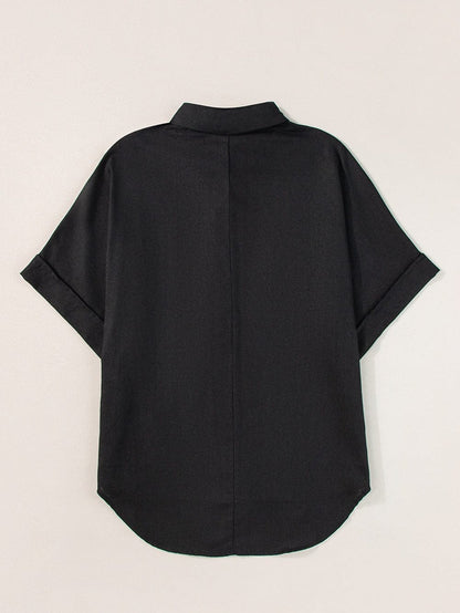 Black Button-Up Oversized Collared Top with Folded Short Sleeves