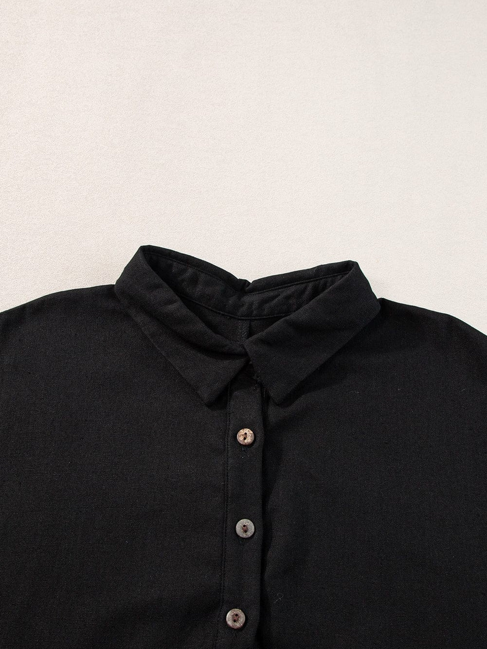 Black Button-Up Oversized Collared Top with Folded Short Sleeves