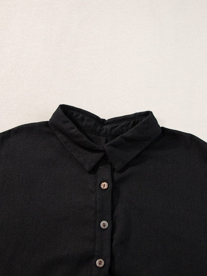 Black Button-Up Oversized Collared Top with Folded Short Sleeves