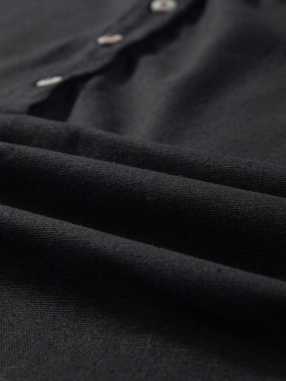 Black Button-Up Oversized Collared Top with Folded Short Sleeves