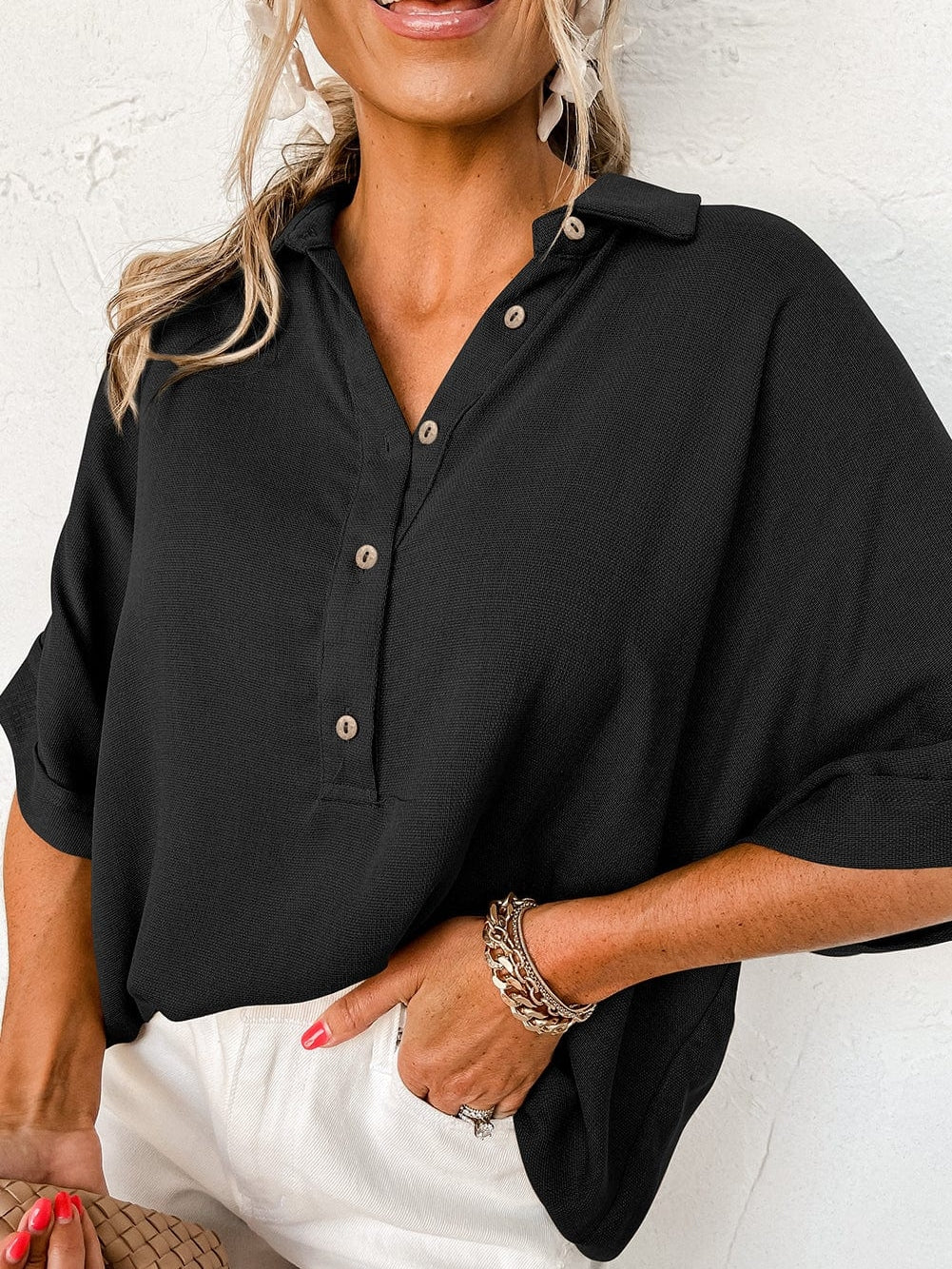 Black Button-Up Oversized Collared Top with Folded Short Sleeves