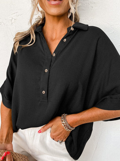 Black Button-Up Oversized Collared Top with Folded Short Sleeves