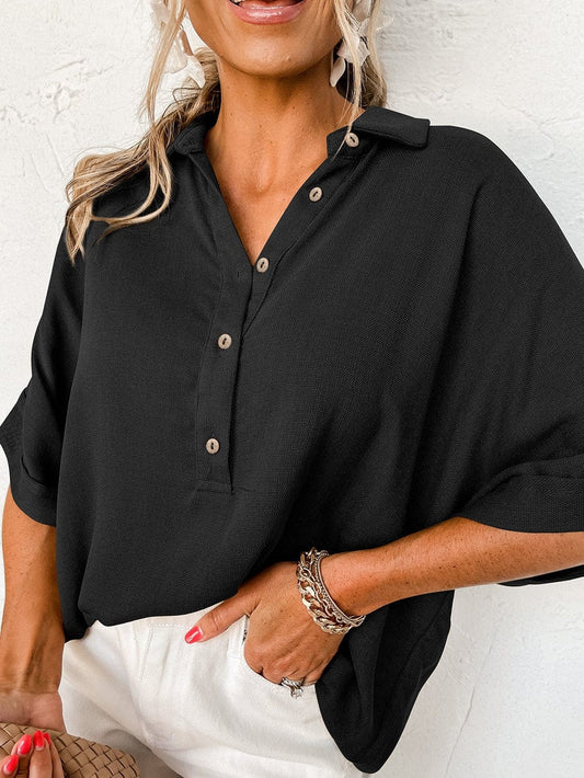 Black Button-Up Oversized Collared Top with Folded Short Sleeves