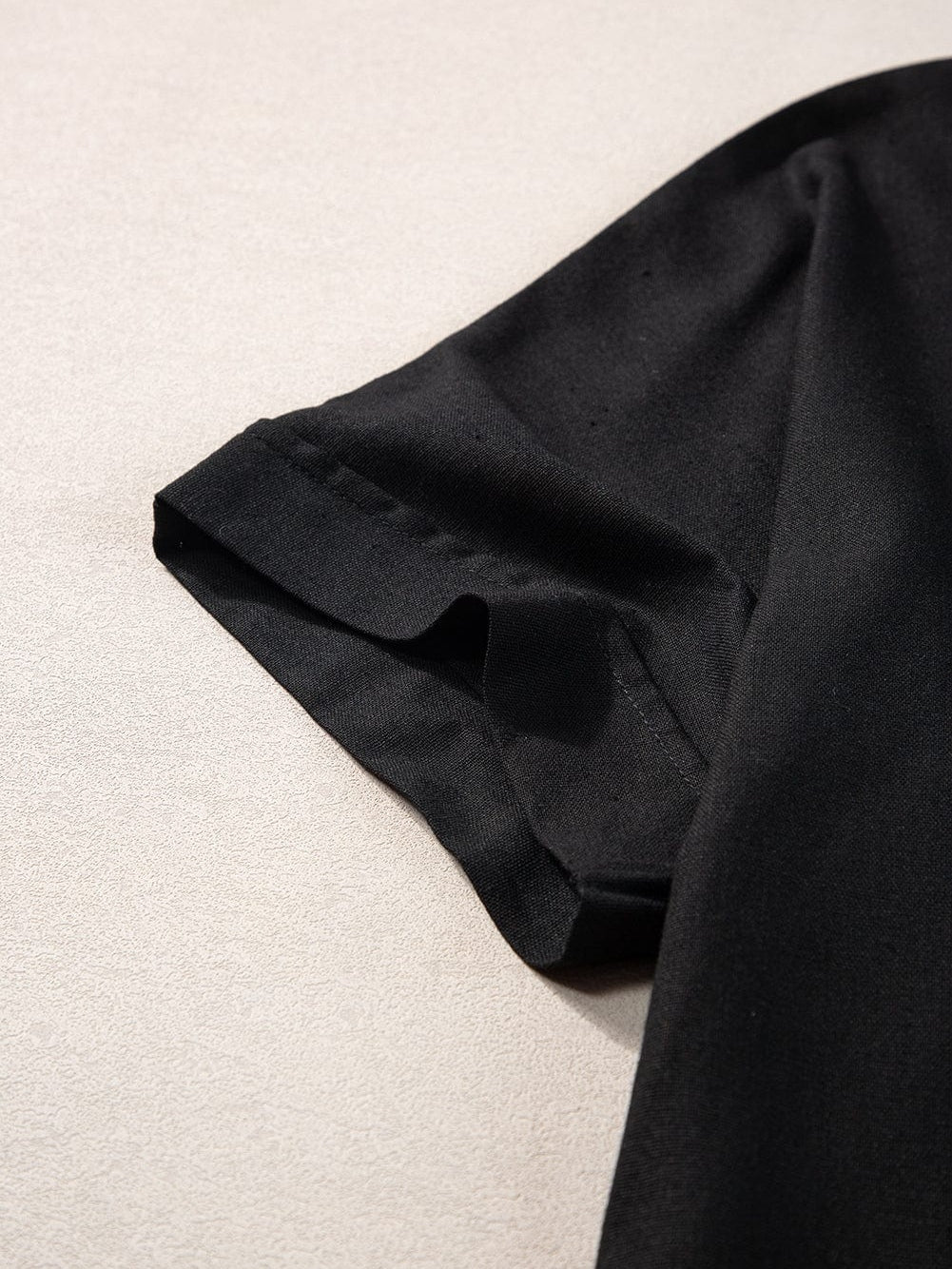 Black Button-Up Oversized Collared Top with Folded Short Sleeves