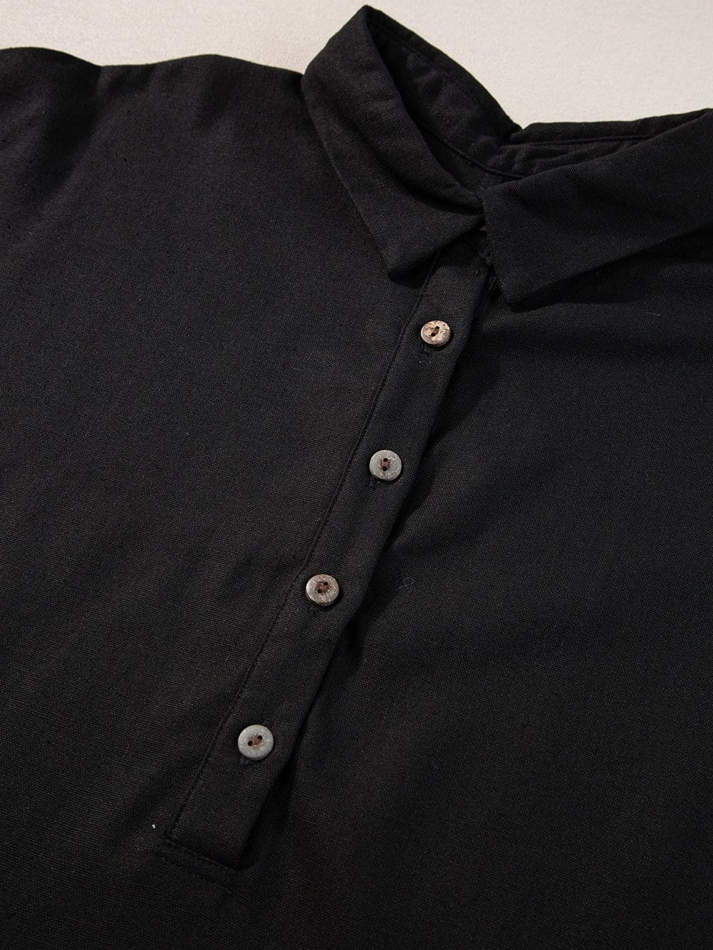 Black Button-Up Oversized Collared Top with Folded Short Sleeves