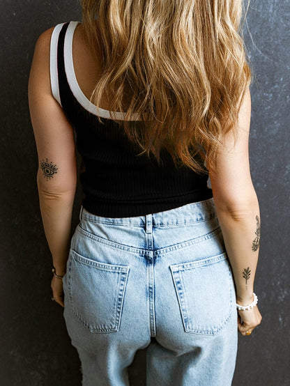 Black Colorblock Ribbed Knit U Neck Tank Top with Stylish Edge