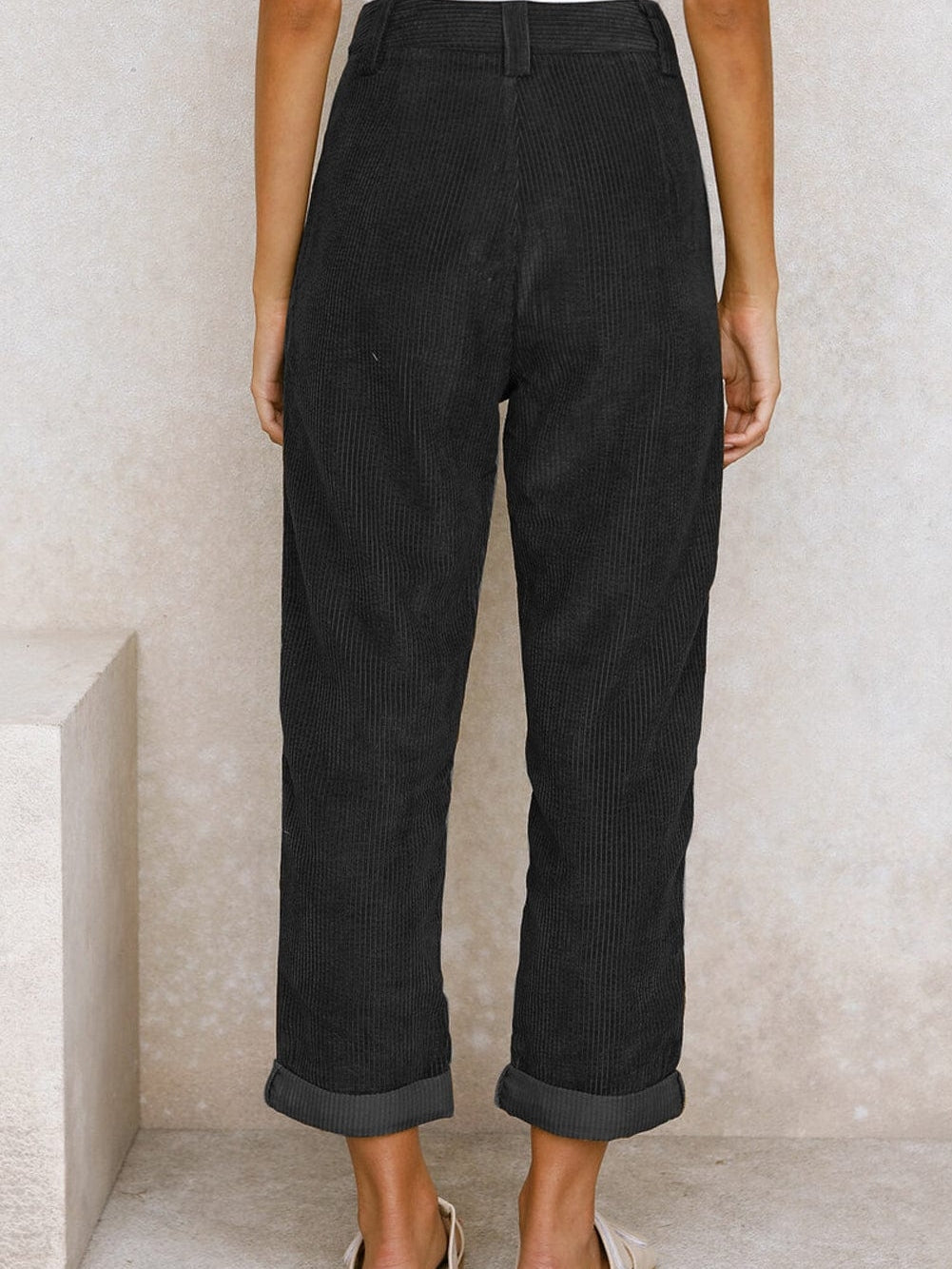 Black Corduroy High Waist Straight Leg Pants