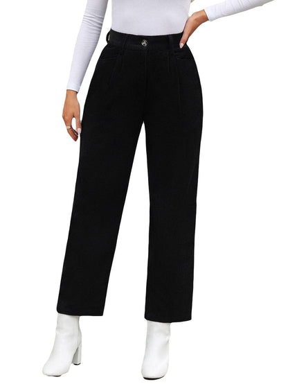 Black Corduroy High Waist Straight Leg Pants