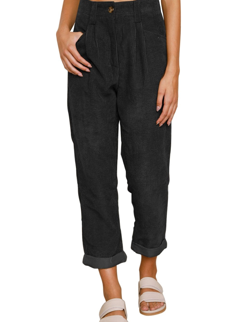 Black Corduroy High Waist Straight Leg Pants