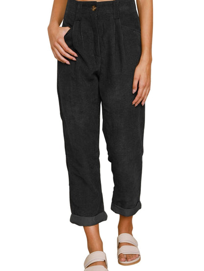 Black Corduroy High Waist Straight Leg Pants