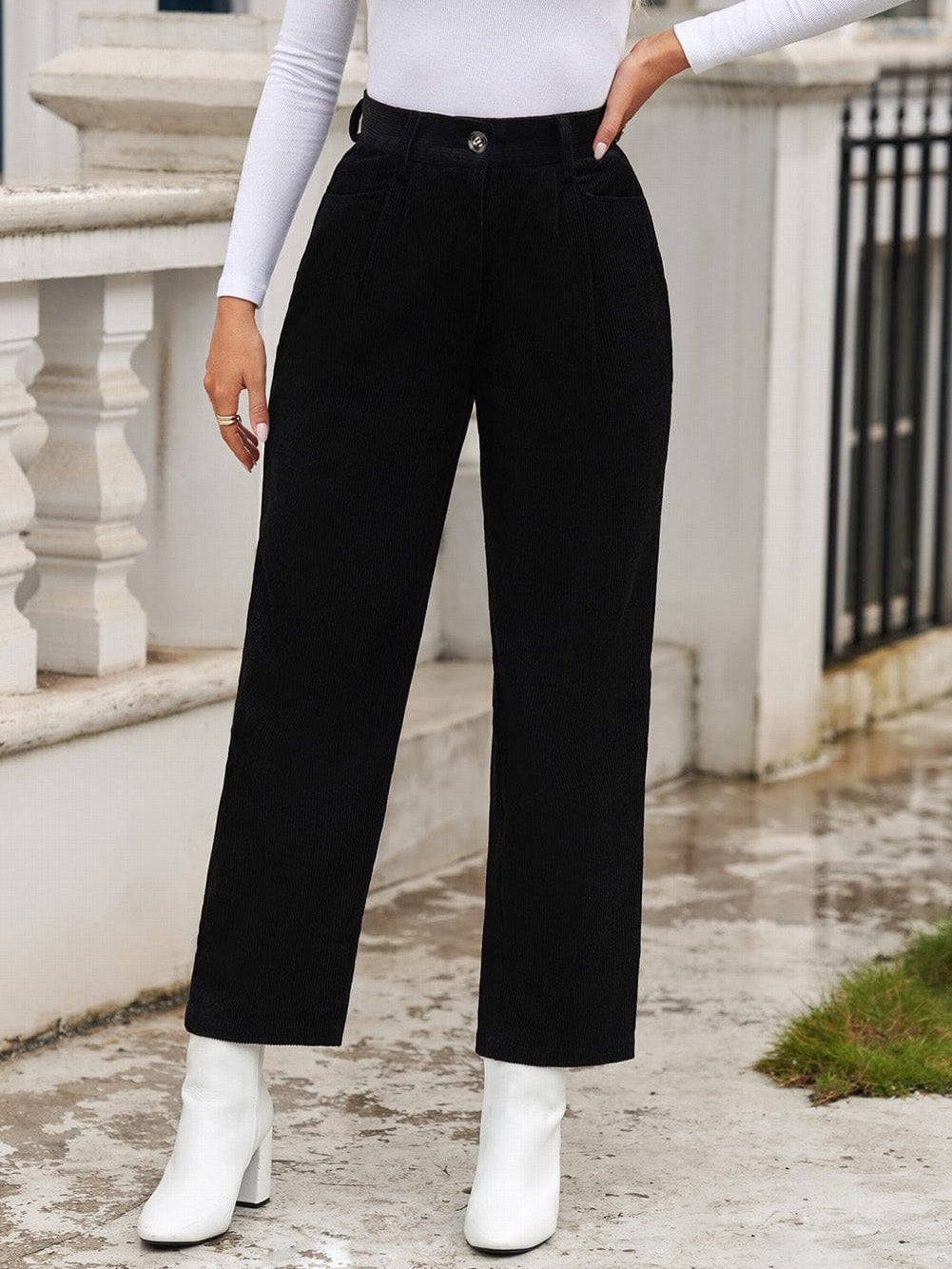 Black Corduroy High Waist Straight Leg Pants
