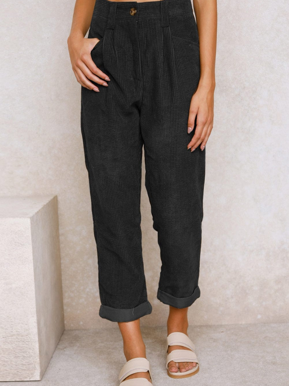 Black Corduroy High Waist Straight Leg Pants