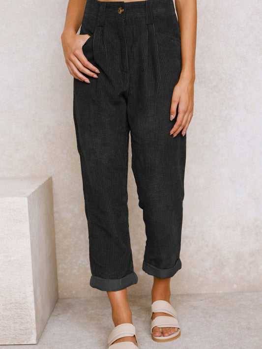 Black Corduroy High Waist Straight Leg Pants