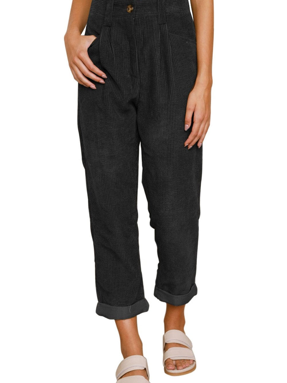 Black Corduroy High Waist Straight Leg Pants