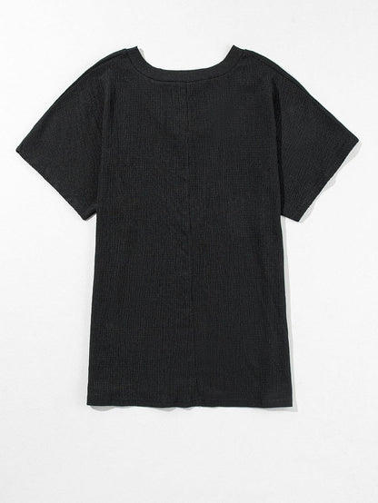 Black Crinkled V Neck Wide Sleeve Tee-Shirt with Breathable Fabric
