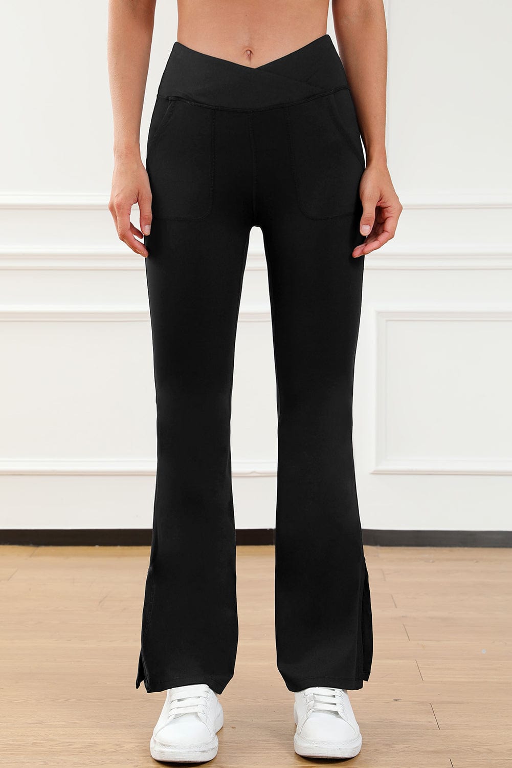 Black Crisscross Waist Flare Leggings with Split Hem and Pockets