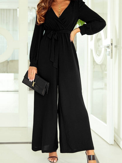 Black Cutout Back Belted V Neck Wide Leg Jumpsuit