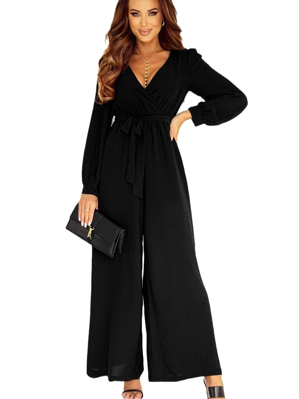 Black Cutout Back Belted V Neck Wide Leg Jumpsuit