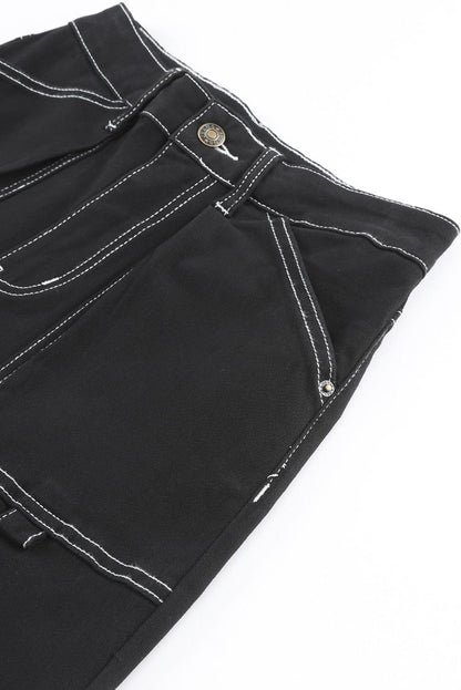 Black Denim Straight Leg Cargo Trousers with High Waist and Pockets